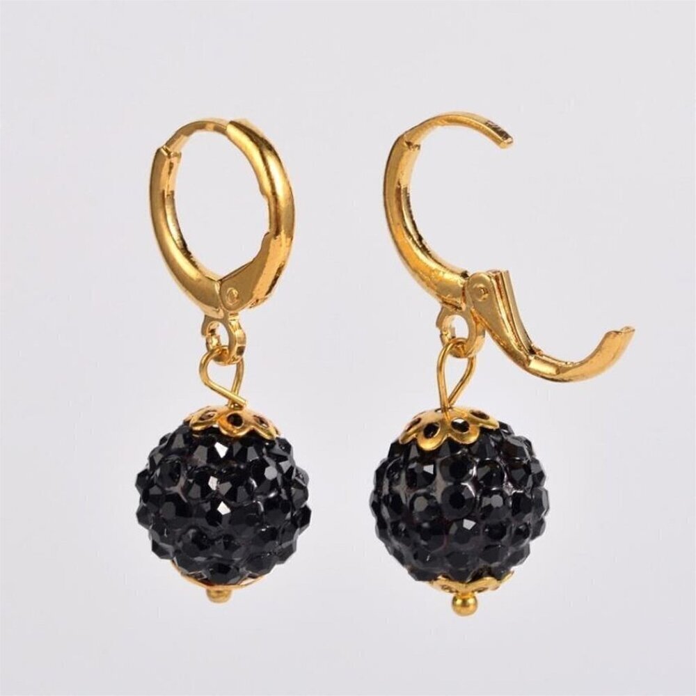 Elegant Jet Austrian Crystal Ball Dangle Black and Gold Earrings - Picture 2 of 2